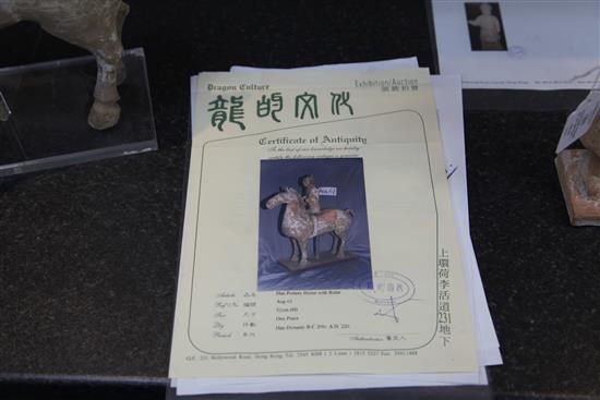 A Chinese pottery group of a horse and rider, Han dynasty, height 35cm, length 33.5cm